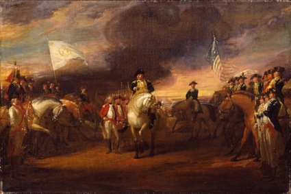 A rendição de Cornwallis, 1781, em Yorktown, onde soldados americanos cantaram a canção revolucionária inglesa “O Mundo Virou de Cabeça para Baixo” enquanto os Ingleses abaixavam suas armas.